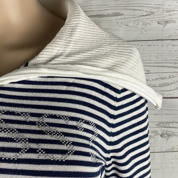Guess Sweater Jacket Juniors Medium Black White Striped Rhinestone Logo Full Zip - Picture 4 of 12